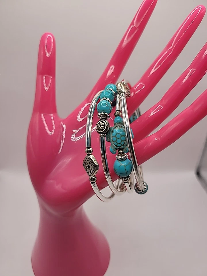 Pulsera Vintage Envoltura Tono Plata Azul Cuentas Tortugas Joyería Disfraz Foto 2 de 4