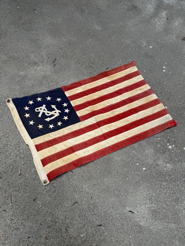 Vintage Yacht Nautical Flag 13 Stars Anchor American America Tattered 21x34