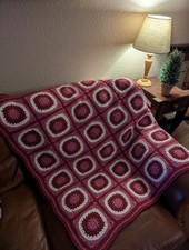 VTG Handmade Granny Square Crochet Blanket Throw Afghan 39 x 67 Pink White