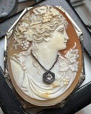 14K Antique 1800's White Gold Filigree Cameo w/Diamond Pendant/Brooch 12.5 Grams