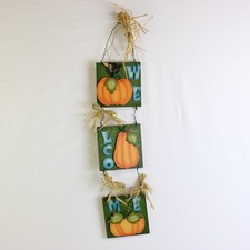 Fall D cor "Welcome" Wall Hanging Sign Wooden Pumpkins 18" x 5"
