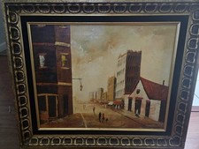 Vintage Oil Painting City Street Scene - A. Clarke c.1960 Framed Original Art
