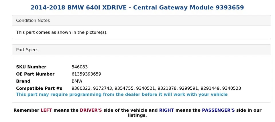 BMW 640I XDRIVE 2014-2018 - Módulo de puerta de enlace central 9393659 Foto 3 de 3
