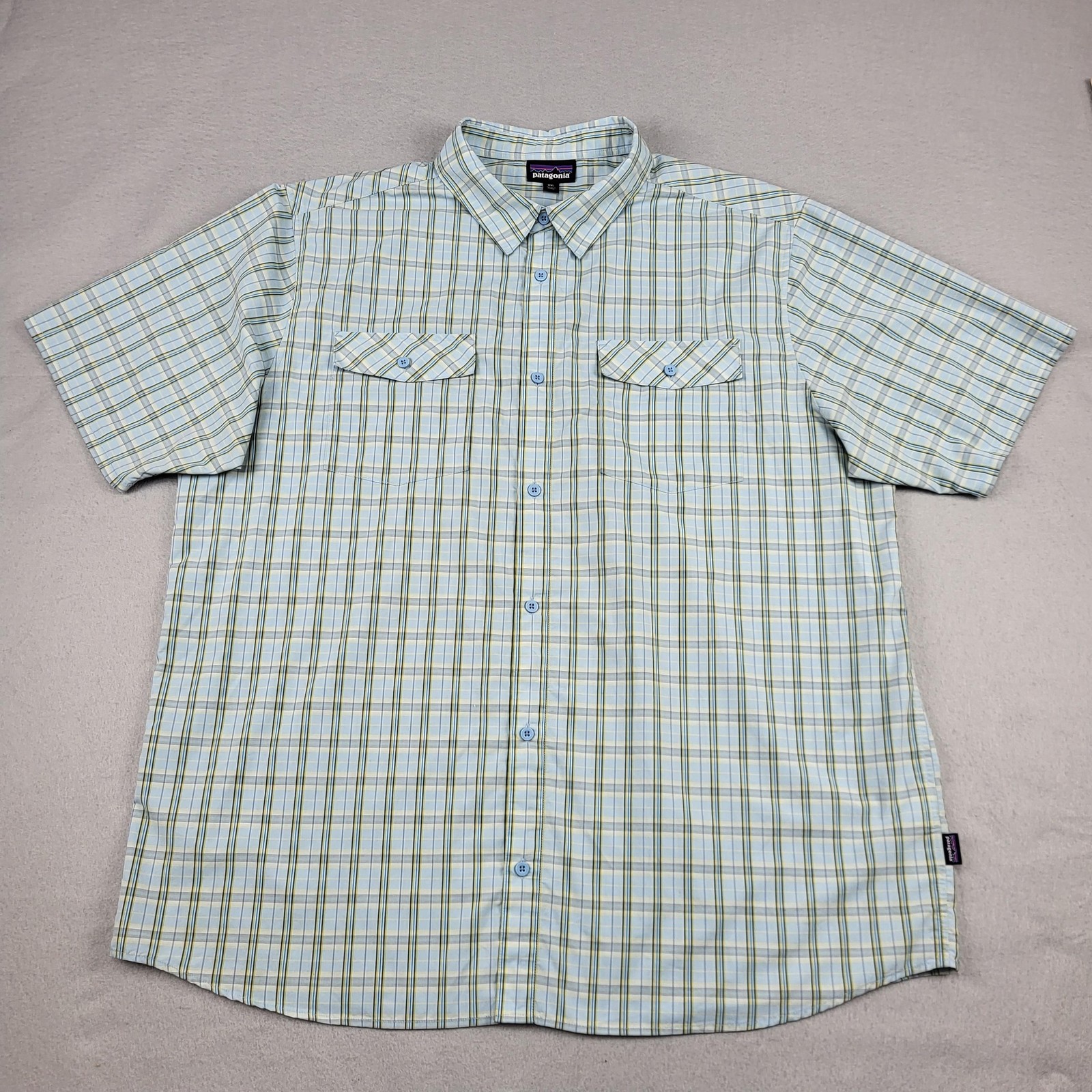 Patagonia Shirt Mens 2XL Blue Plaid Short Sleeve Button Up Nylon Blend Outdoor