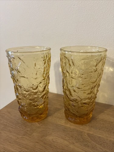 Vtg Anchor Hocking Lido Milano Honey Gold Amber Crinkle Glass Tumbler Set of 2