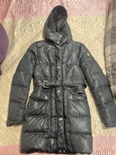 Hooded Belted Long Puffer Coat Black Women's Size Regular