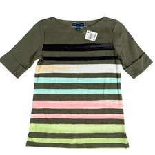 Karen Scott Womens Stripe Boat Neck Elbow Sleeve Top Olive Sprig Petite Pet