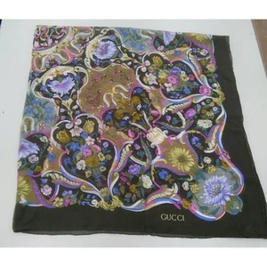 GUCCI Grande écharpe fleurie en mousseline de soie, fleurie, kaki