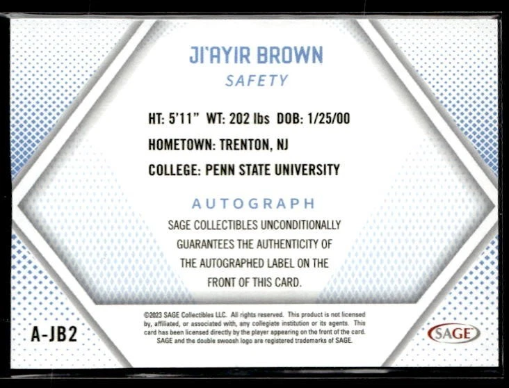 L35,421 -  2023 SAGE HIT Autographs #AJB2 Ji'Ayir Brown Auto - Image 2 of 2