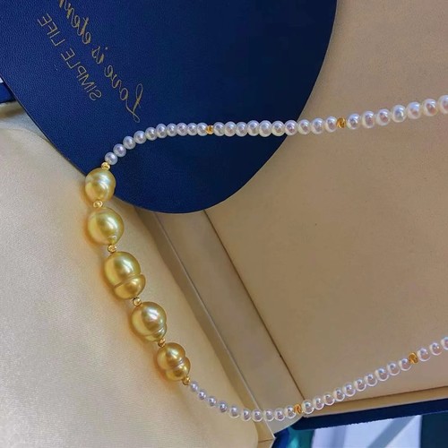 9.5mm-12mm South Sea Baroque Golden Pearl Freshwater White Pearl Beaded Necklace - Picture 9 of 10