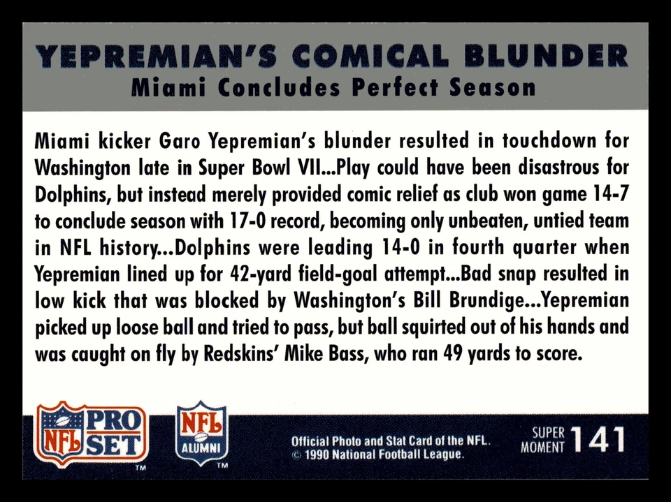 Yepremian's Comical Blunder 1990 Pro Set Super Bowl XXV #141 Supermen Mint - Image 2 of 2