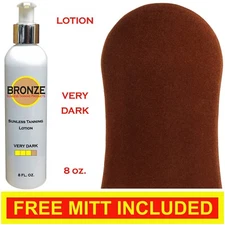 BRONZE - Sunless Self Tanning Lotion - VERY DARK - 8 oz + Best Tanner Mitt.