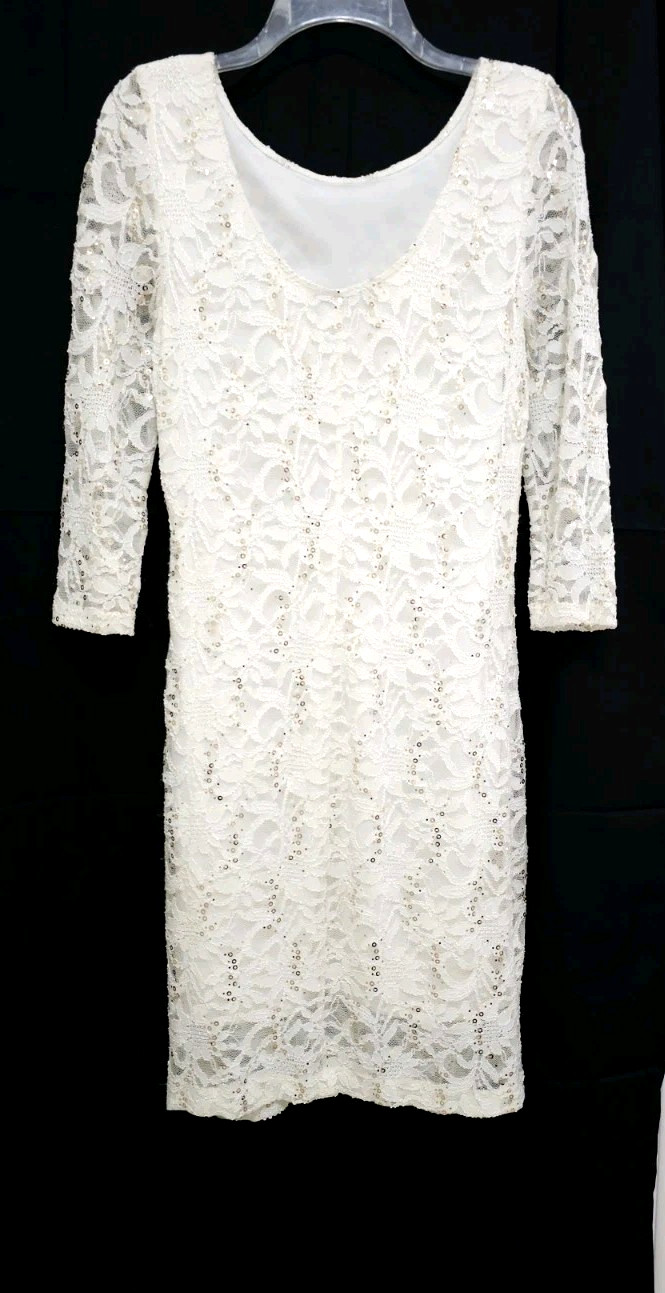 ONXY Nite Lace STRETCHY Bodycon Dress 8 Medium IVORY GOLD Sequins 3/4 Slv Lined image 3