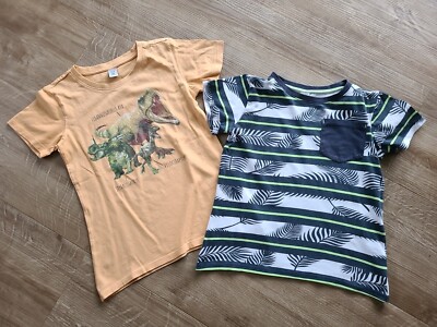 2 T-Shirts: Dino, Dinosaurier, Palmen, Blätter, Gr. 128, dopodopo boys, bunt