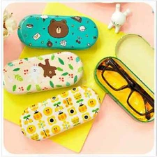 Cute Kawaii Line Brown Bear Sun Eyeglass Glasses Case Tin box W/ Cleaning Cloth