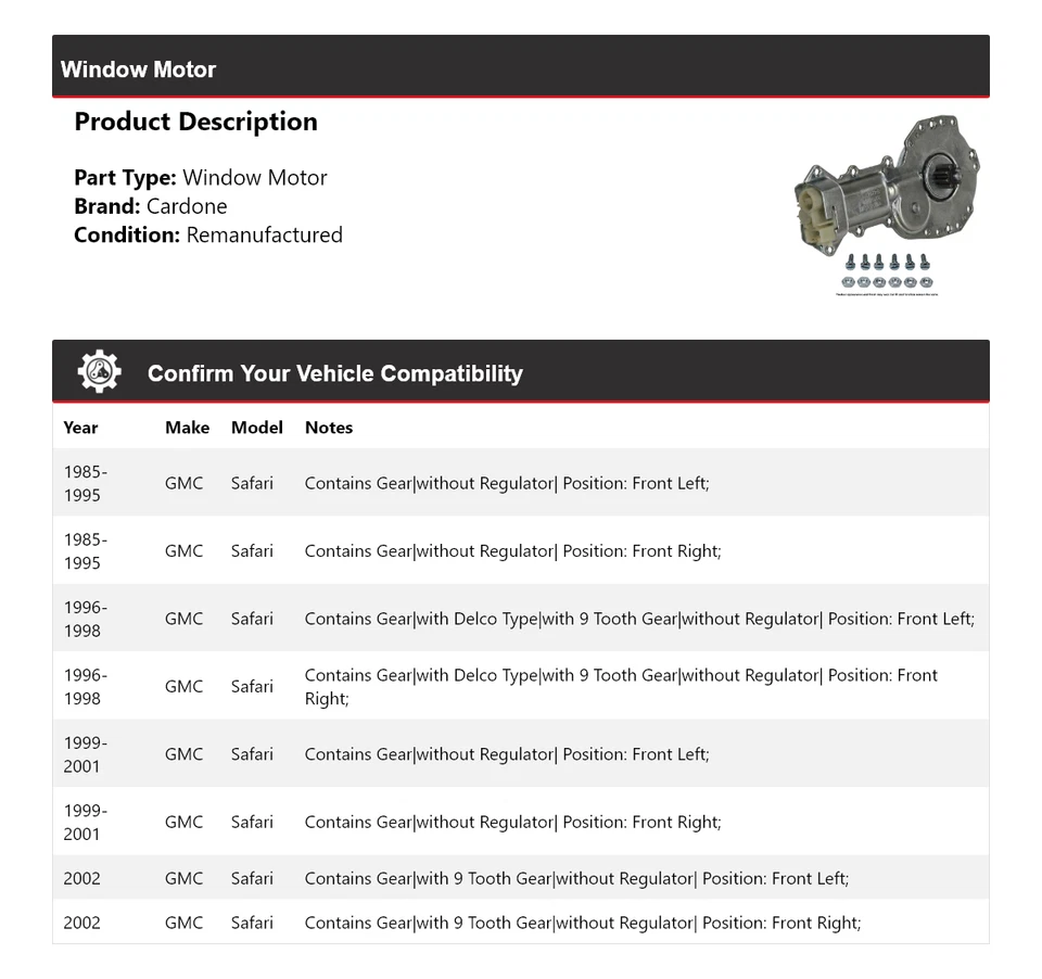 Para GMC Safari 1985-2002 Ventana Motor Cardone 1986 1987 1988 1989 1990 1991 1992 Foto 2 de 4