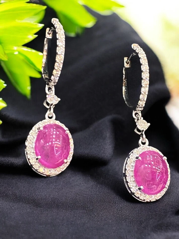 Pave 9.50 Cts Round Brilliant Cut Natural Diamonds Ruby Dangle Earrings 18K Gold - Image 3 of 4