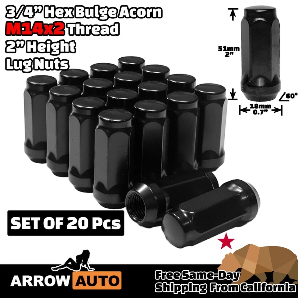 20 черных зажимных гаек высотой 2 дюйма 14x2 Bulge Acorn подходят для Aston Martin|F-150|Navigator - Изображение 2 из 4