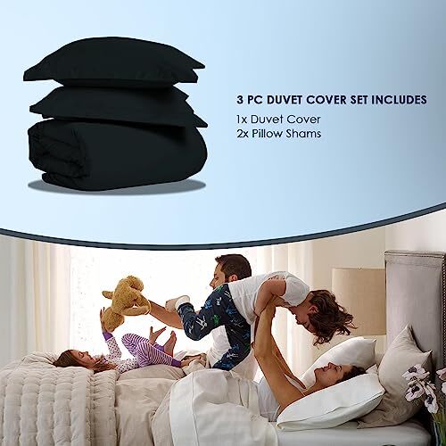 Pure 100% Cotton Duvet Cover Set, 1000 Thread Count Long Staple Queen Black - Picture 4 of 7