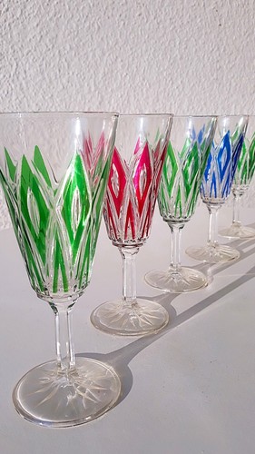 50er France Französische Sekt - Champagner Gläser 5er Set Glas Top Raute Vintage - Picture 5 of 6