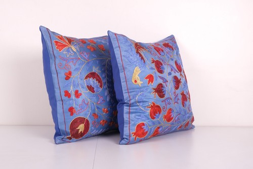 Pair Suzani Silk Cushion Cover from Uzbekistan, Set of Two Uzbek Pillow - Picture 2 of 4