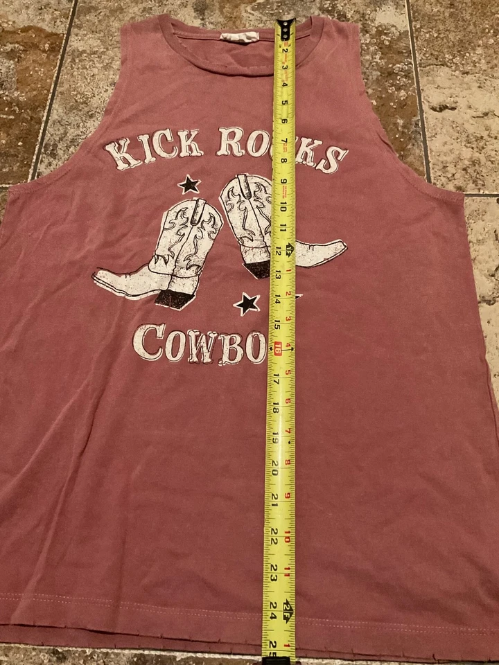 ИЗЫСКАННЫЙ ХОЛСТ СОСТАРЕННЫЙ БЕЗ РУКАВОВ KICK КАМНИ КОВБОЙ ГРАФИЧЕСКАЯ РУБАШКА ЖЕНЩИН S - Изображение 3 из 4