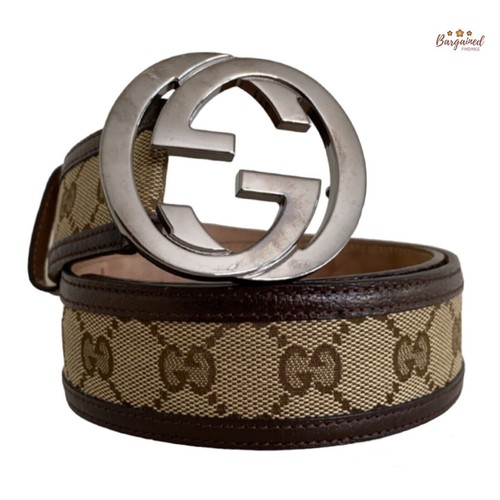 Authentic GUCCI Brown Monogram Canvas Silver Interlocking G Buckle Belt 75/30