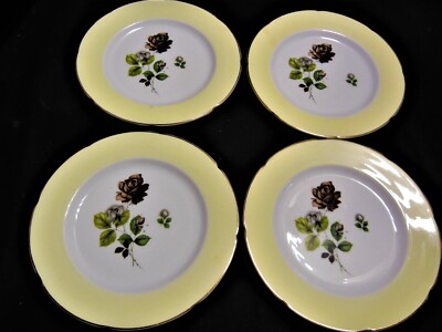 RARE 4 Royal Grafton Bone China Bread Snack Plates 8'' Yellow w Brown/Black Rose