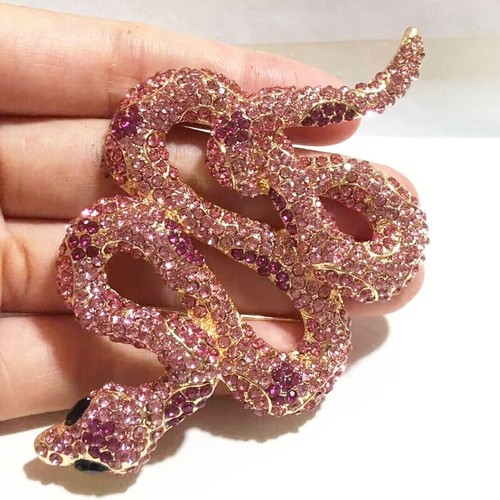 Charming Pink Snake Animal Woman's Brooch Pin Crystal Rhinestone Corsage - Picture 3 of 5