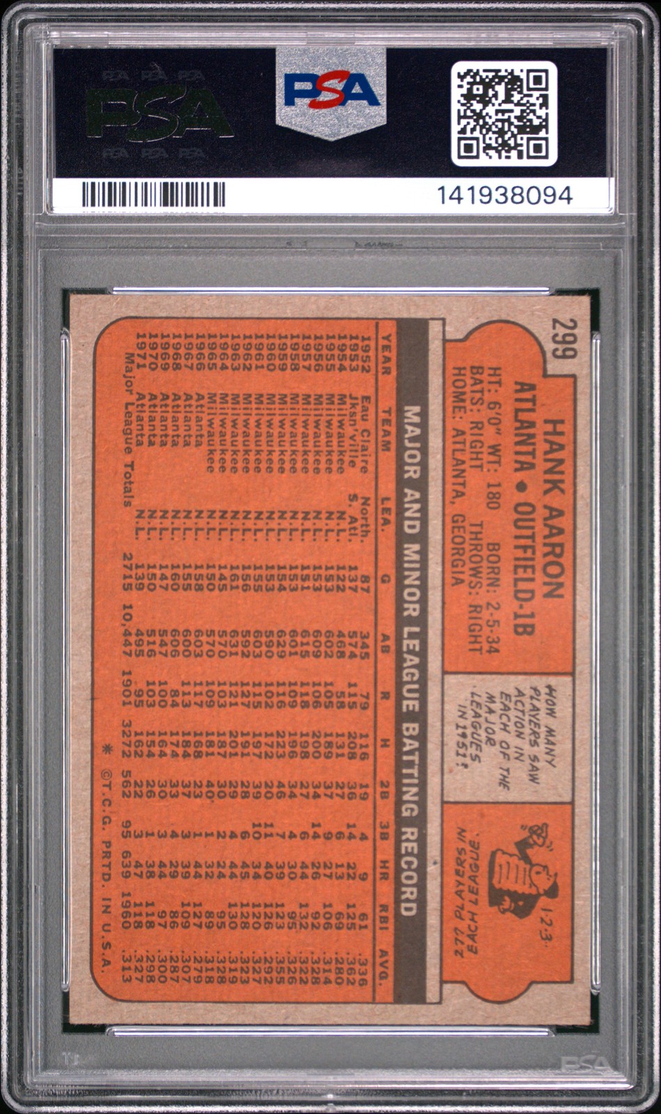 1972 TOPPS #299 HANK AARON PSA 5 view 2