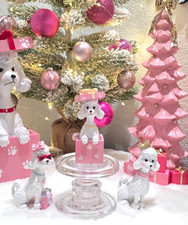 Pink Shopper White Poodle Christmas Ornaments Figurine Gift Box Paw Print