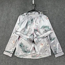 Gray Satin Pajama Set Shorts Long Sleeve Button Up Women’s Small Tropical Birds