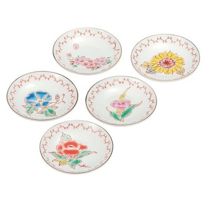 Kutani yaki ware Japanese Small Plate Dish set of 5Grass Flower Ikumi Sawada