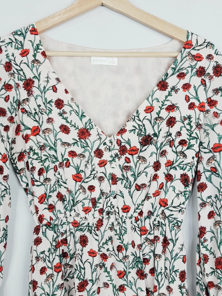 KOOKAI Womens Size EUR 34 or 6 Floral Print Long Sleeve Silk Dress DEFECT - Image 2 of 4