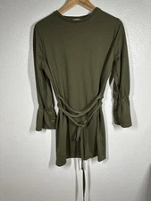Zara Trafaluc Shirt Womens Small Olive Green Tunic Tie Waist 3/4 Bell Sleeve