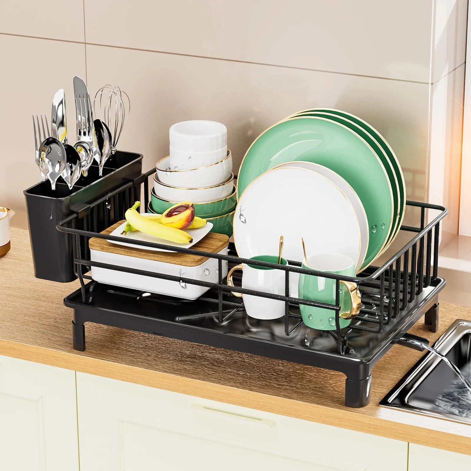 Dish Drying Rack with Drain Tray Cup Holder Cutlery Organizer Kitchen Countertop