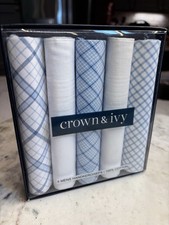 crown ivy 5 Men's 100 Cotton Plaid Handkerchiefs White Blue Patterned