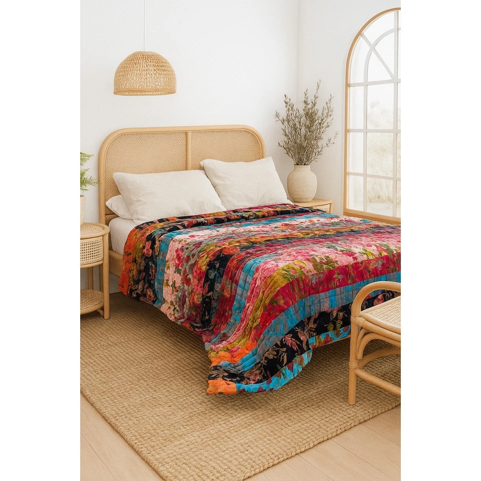 Bohemian Velvet Patchwork Quilt - Unique Upcycled Luxury Bedding — 第 4/4 张图片