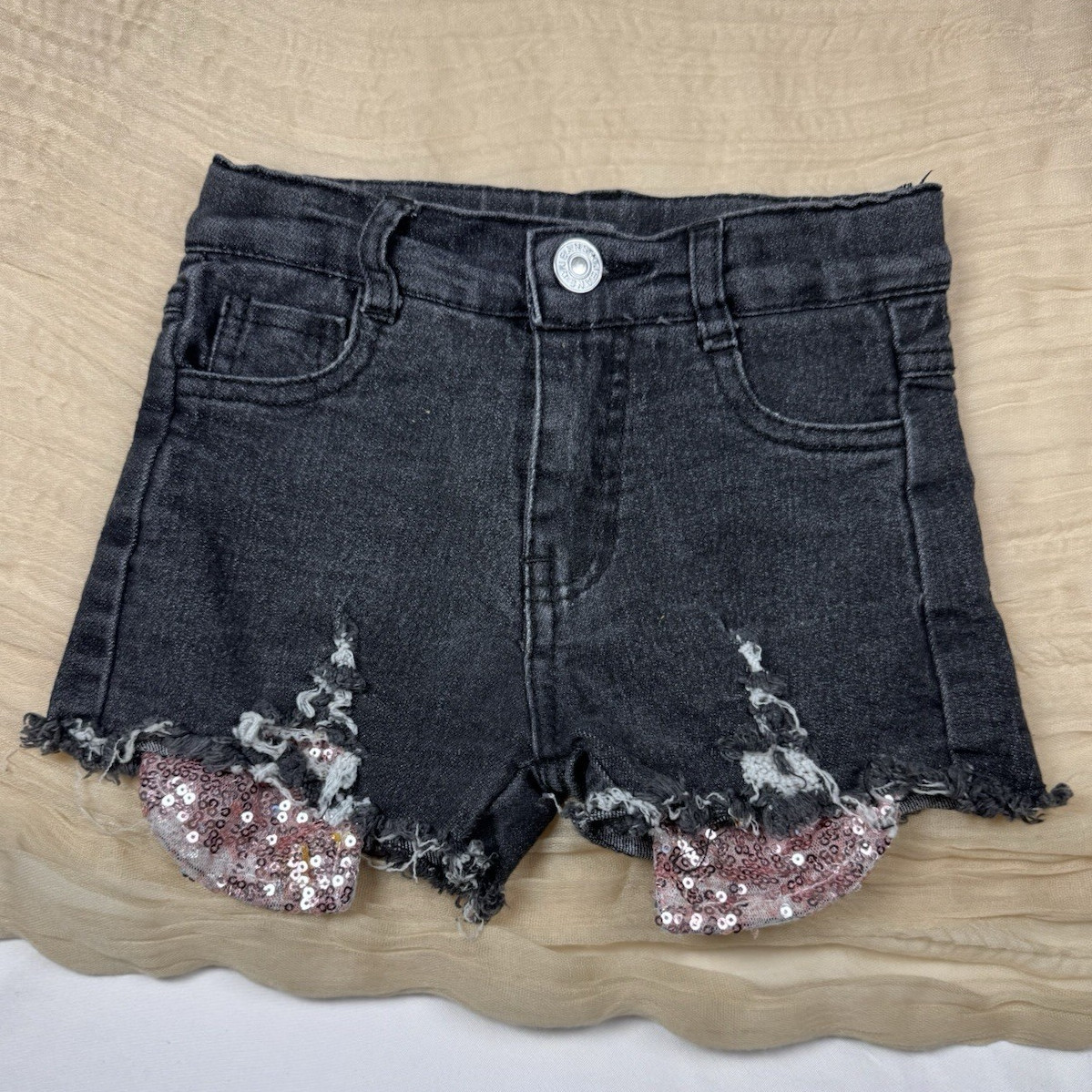 J Jeans Girls Black Distressed Denim Shorts Pink Sequin Detail Size S
