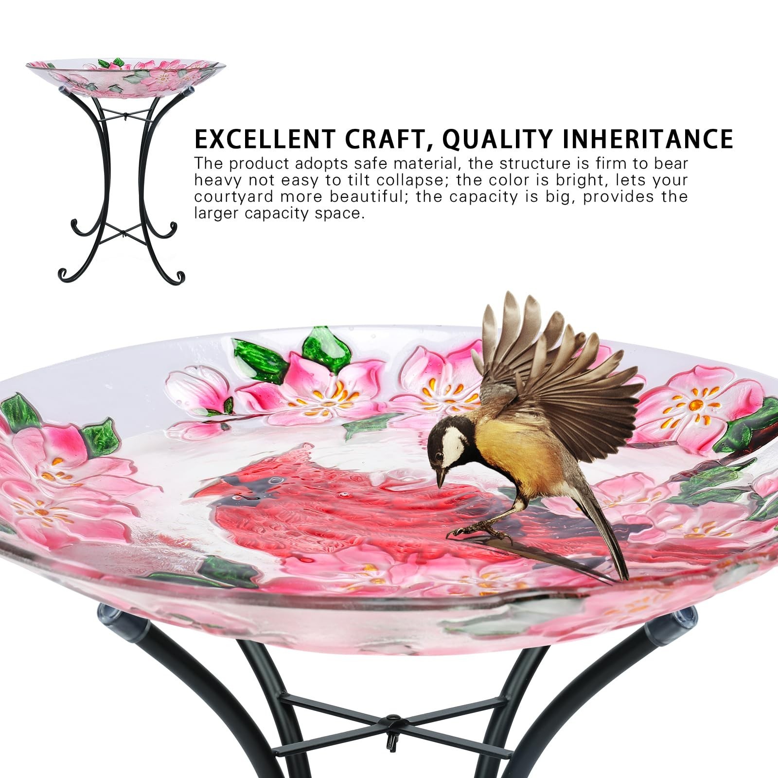 MUMTOP Outdoor Glass Birdbath with Metal Stand for Outside Lawn Yard Garden C...