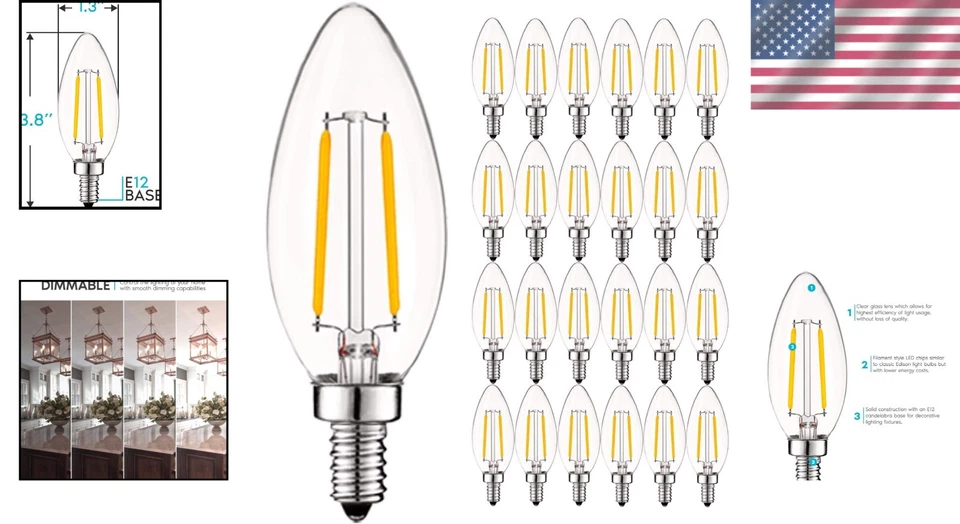Clear Filament LED Candelabra Bulbs - Dimmable, E12 Base, 400 Lumens, 24-Pack - Image 2 of 4