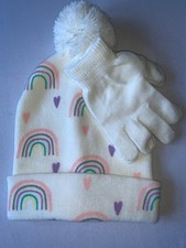 Girls White Snowhat  White Gloves Set Unicorn Colors Rainbows Hearts
