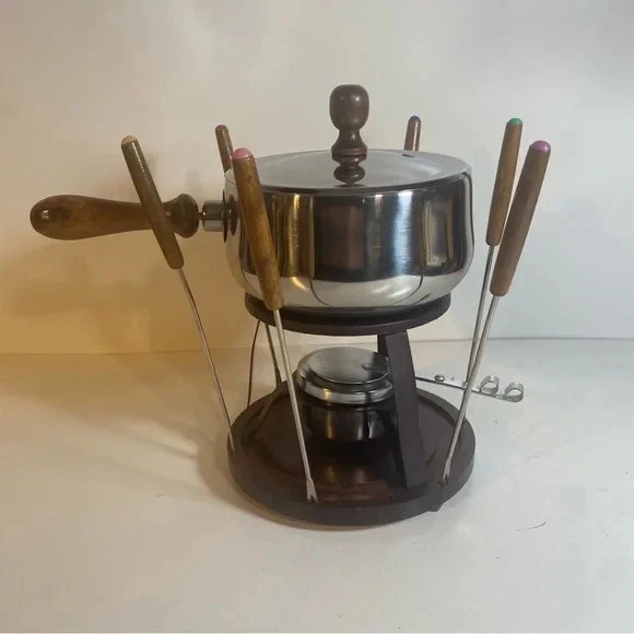 Vintage 18/8 Stainless Steel & Wooden Complete Fondue Set