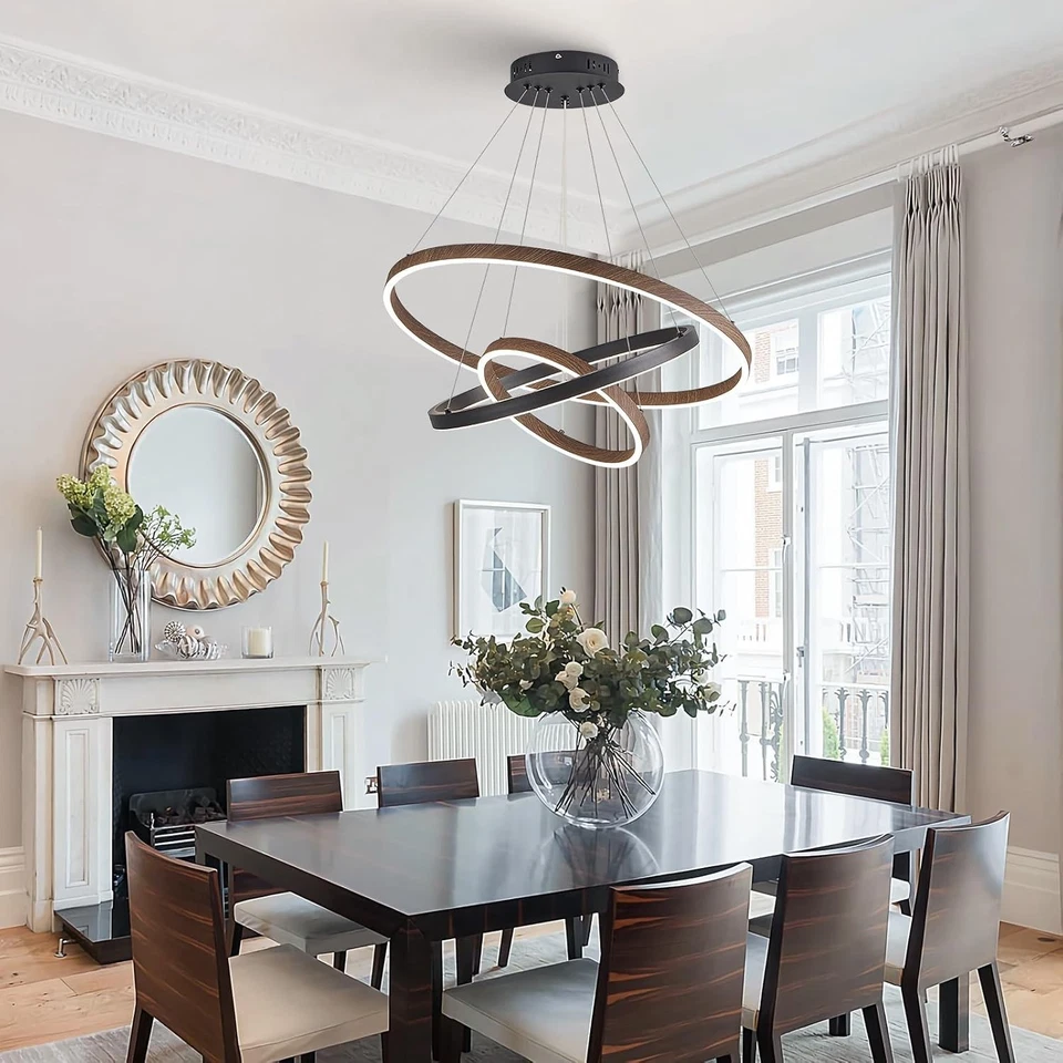 Lámpara de araña LED 3 anillos comedor moderna negra con control remoto di Foto 4 de 4