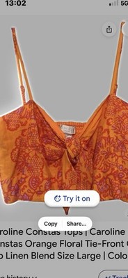 ROLINE CONSTAS Orange Pink Floral Bow Cropped Woven Cotton Spaghetti Strap Tank