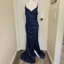 NWT Baltic Born Monet Satin Maxi Gown Dress Size XL Navy Blue Leg Slit Spagetti