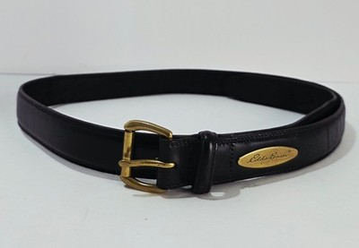 Eddie Bauer Black Leather Belt, Brass Buckle, Brass Logo, Classic Casual #FF12