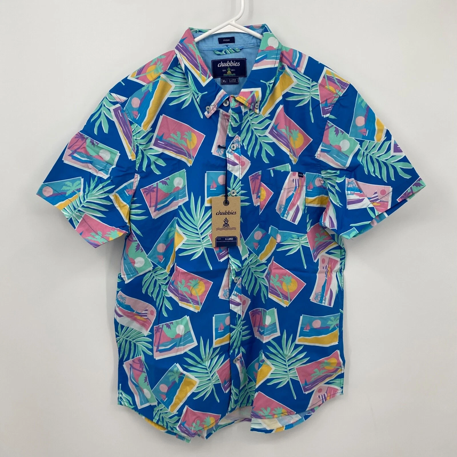 Chubbies Shirt Button Up Short Sleeve Pocket Lightweight Floral Blue XL Mens