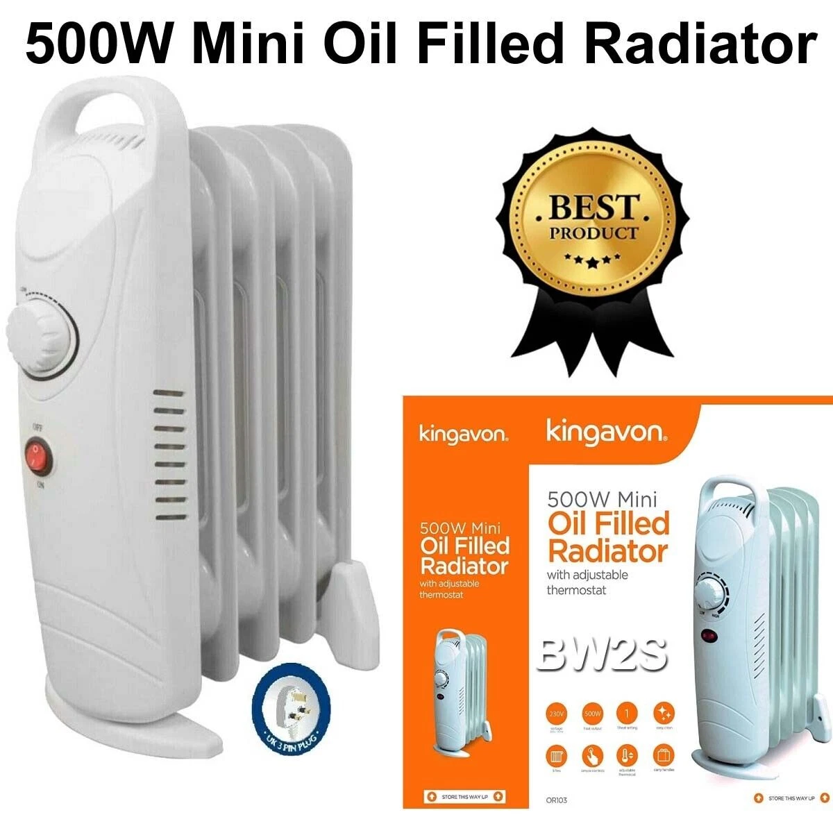 500w 500 Watt Portable Mini 5 Fin Oil Filled Radiator / Heater Kingavon  OR103 | eBay
