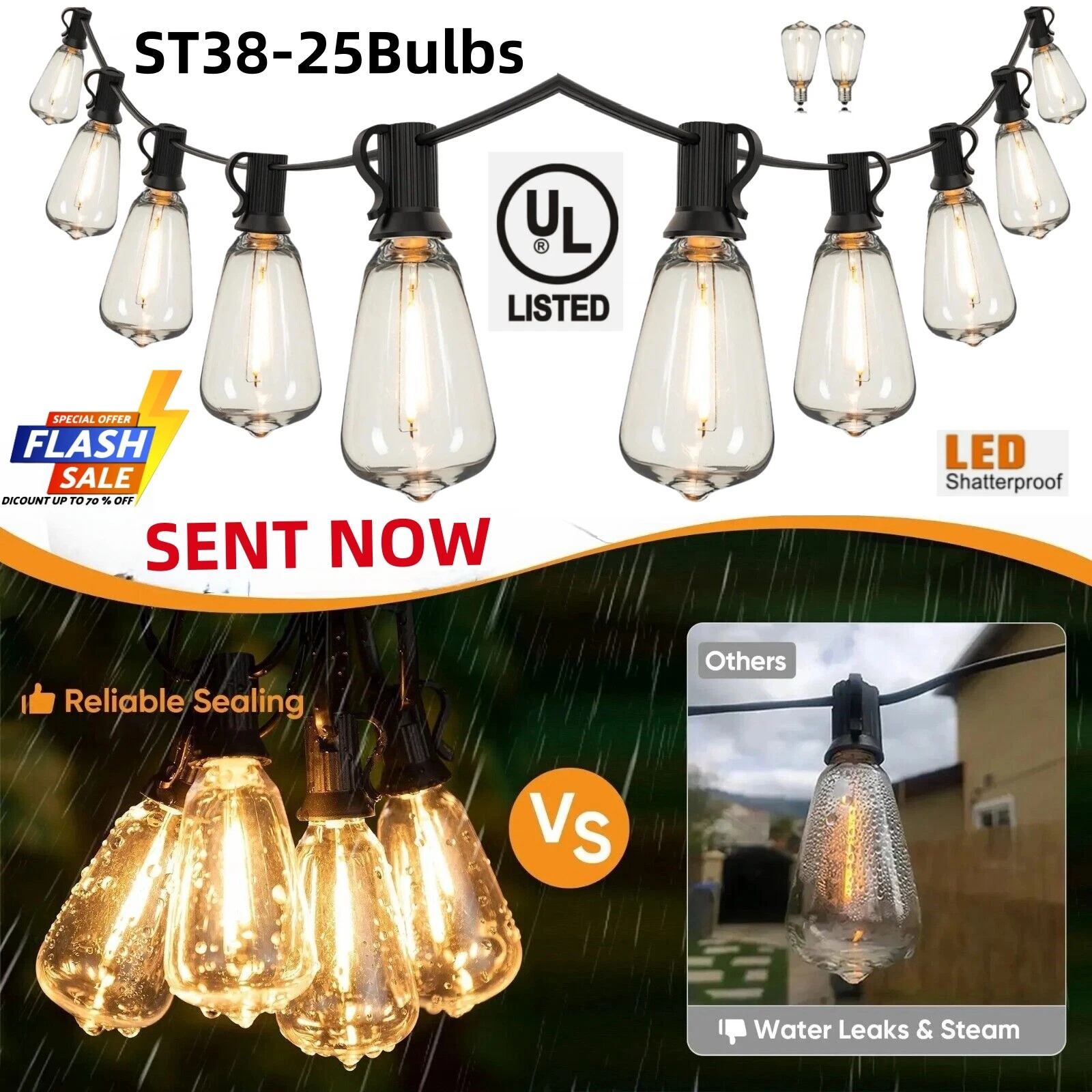 100FT Outdoor String Lights Patio Lights 2Pack-(50ft 25 Led) ST38 Shatterproof
